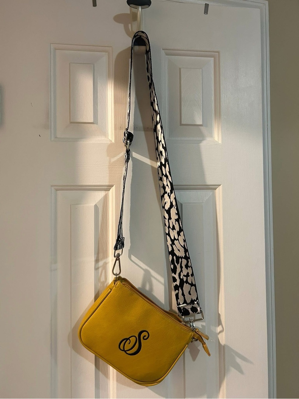 Monogram Accent Yellow Crossbody Bag with Patterned Strap